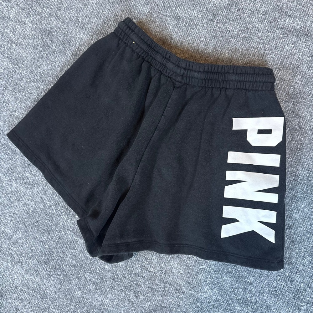 PINK Victoria's Secret Black Sweat Shorts Logo Drawstring Waist Women's Medium